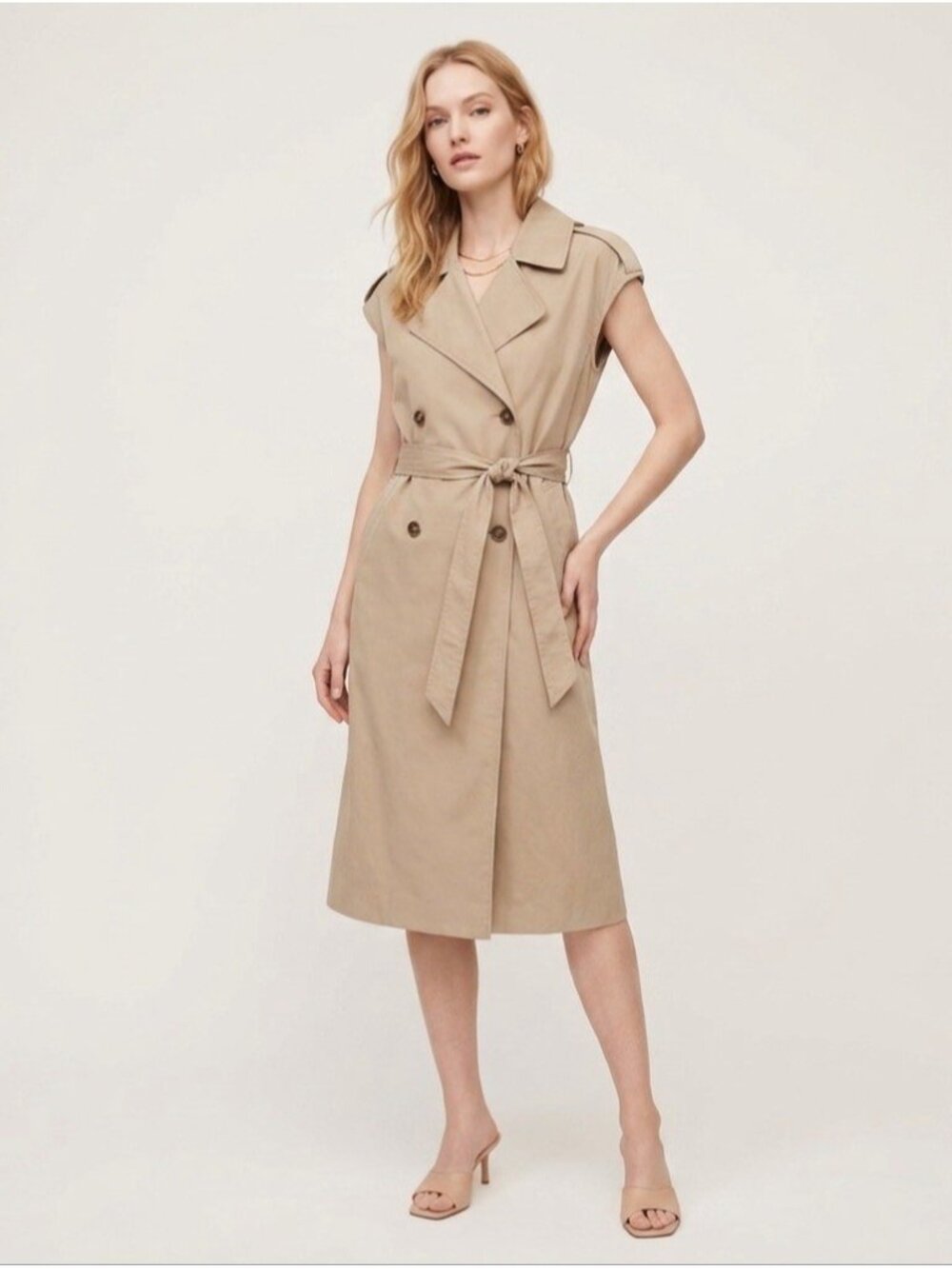 NEW H&M Sleeveless Trench Coat Layering Dress Tan Khaki Womens SMALL Belted